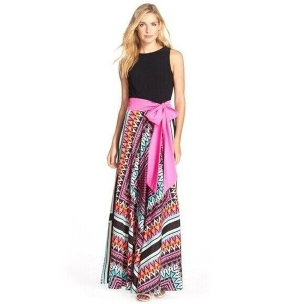 Eliza J maxi dress scarf print & black jersey Crepe de Chine fit & flare size 6P